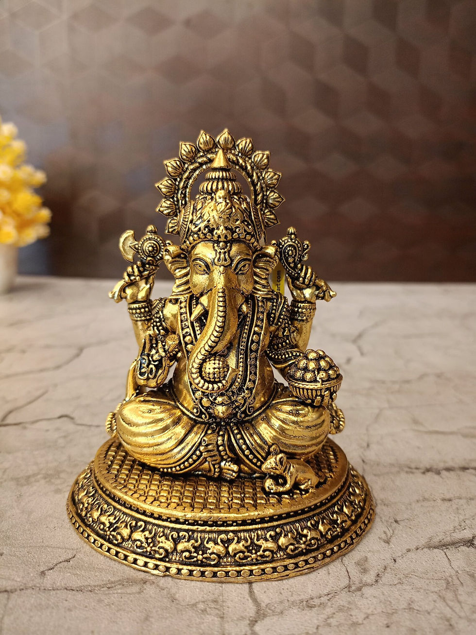 Brass Fine Art Ganesha Statue Sitting On Designer Round Base For Pooja