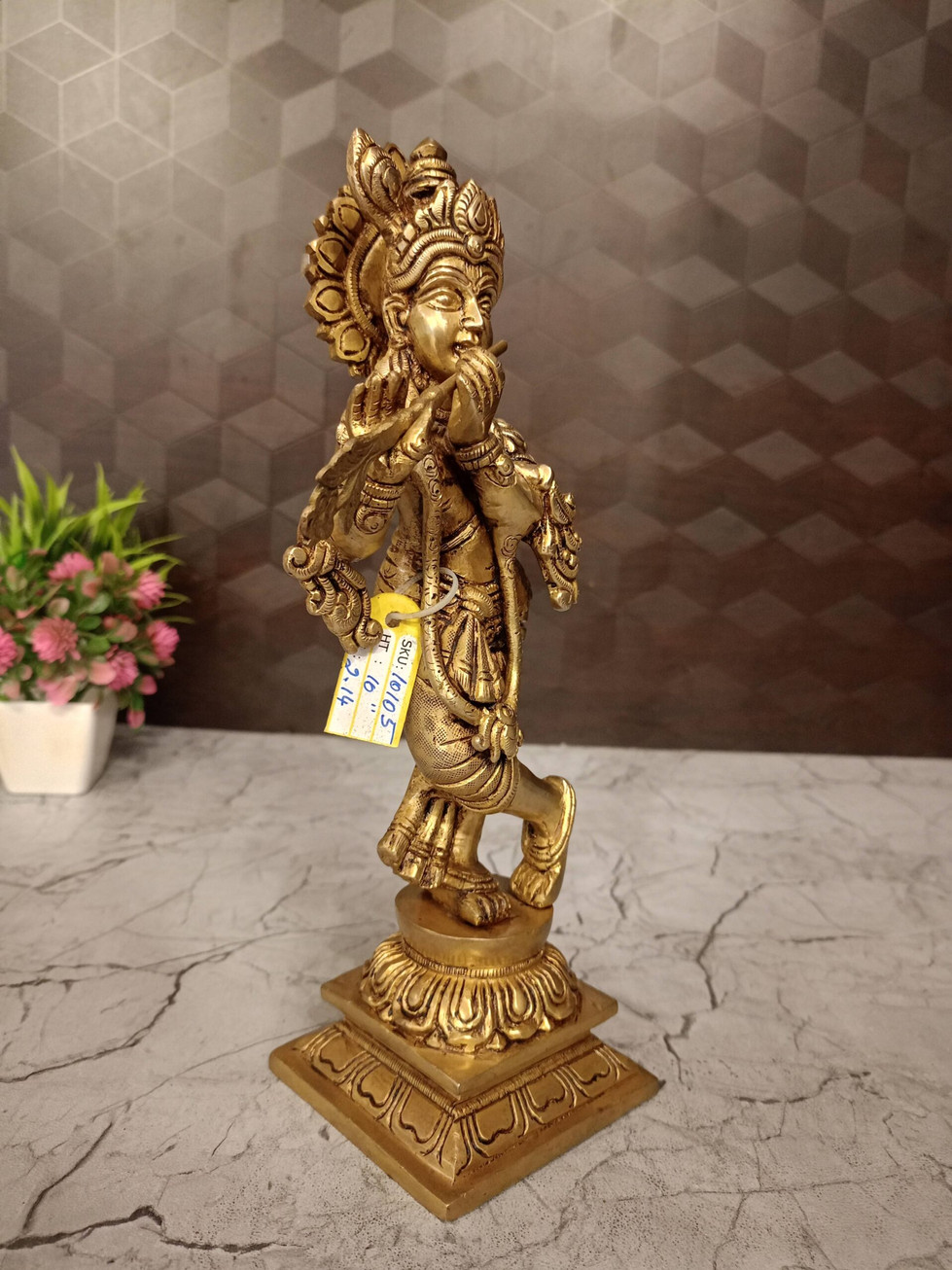 Brass Krishna with Floral Base Idol- 10″