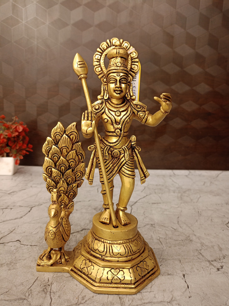 Brass Murugan With Peacock 10.5"