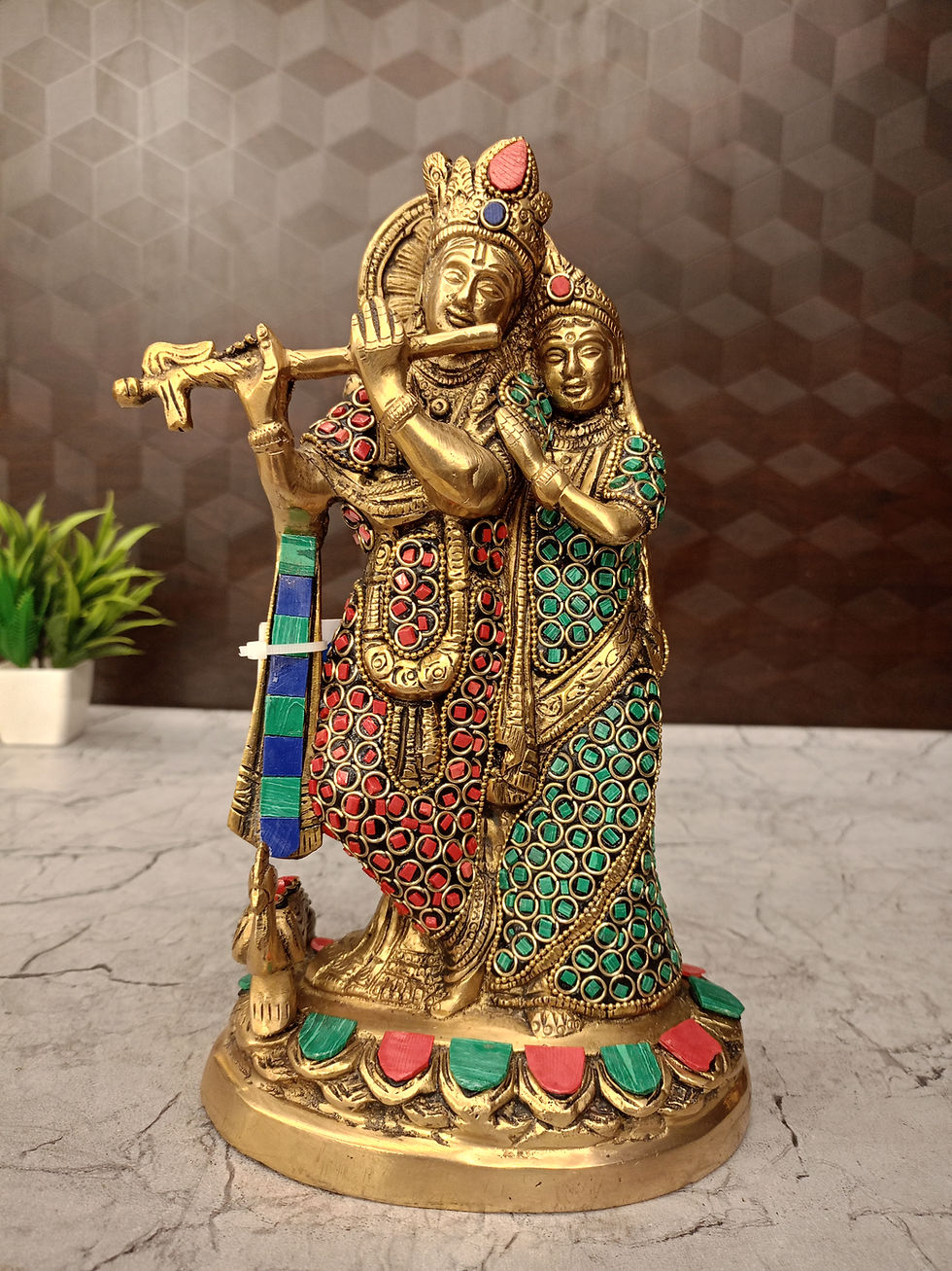Brass Radha Krishna Idol Red And Green Stone Finish 10"
