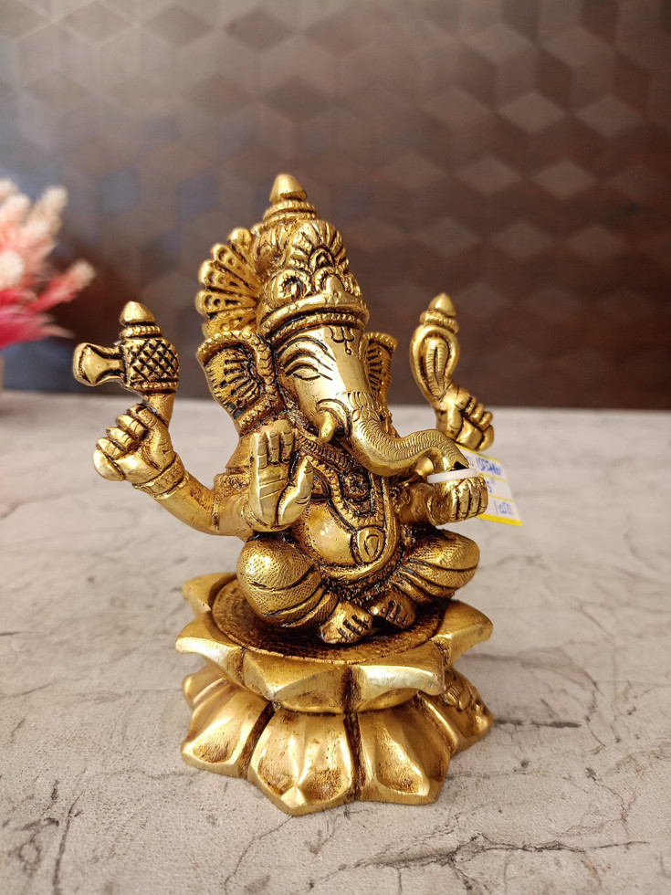Brass Ganesha Sitting On Lotus Base