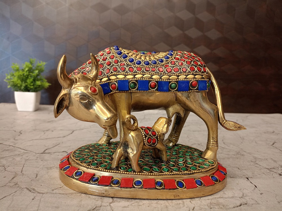 Brass Stone Finish Cow and Calf Idol