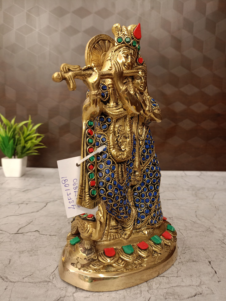 Brass Radha Krishna Blue Stone Finish 10''