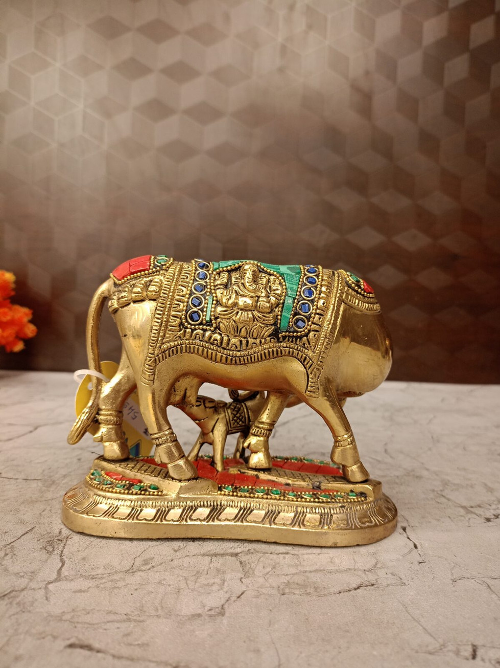 Brass Cow and Calf Idol Stone finish