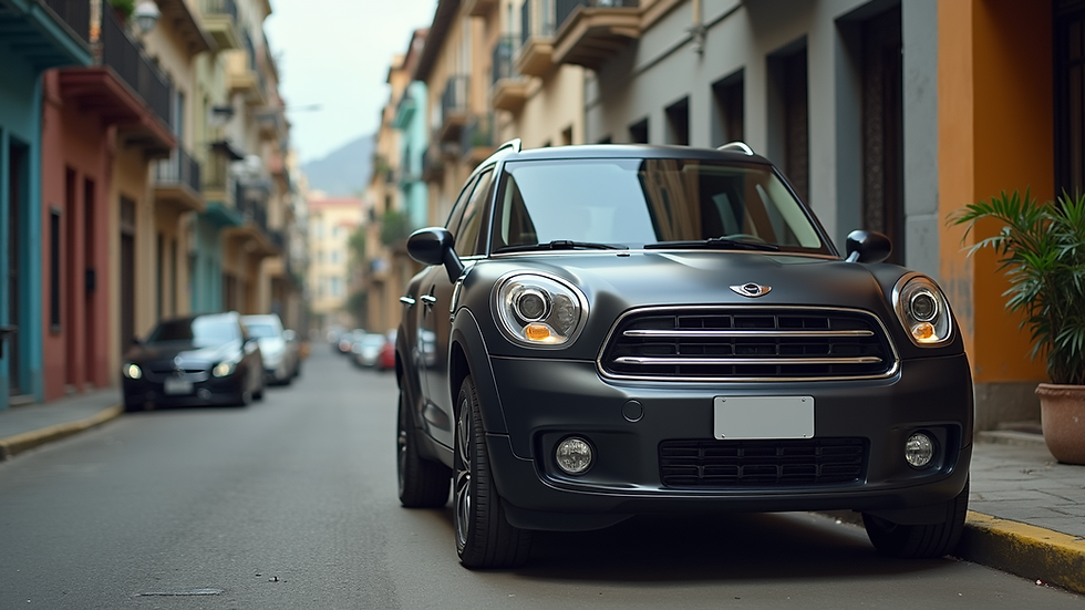 Close-up of a compact SUV parked in a city street in Ecuador