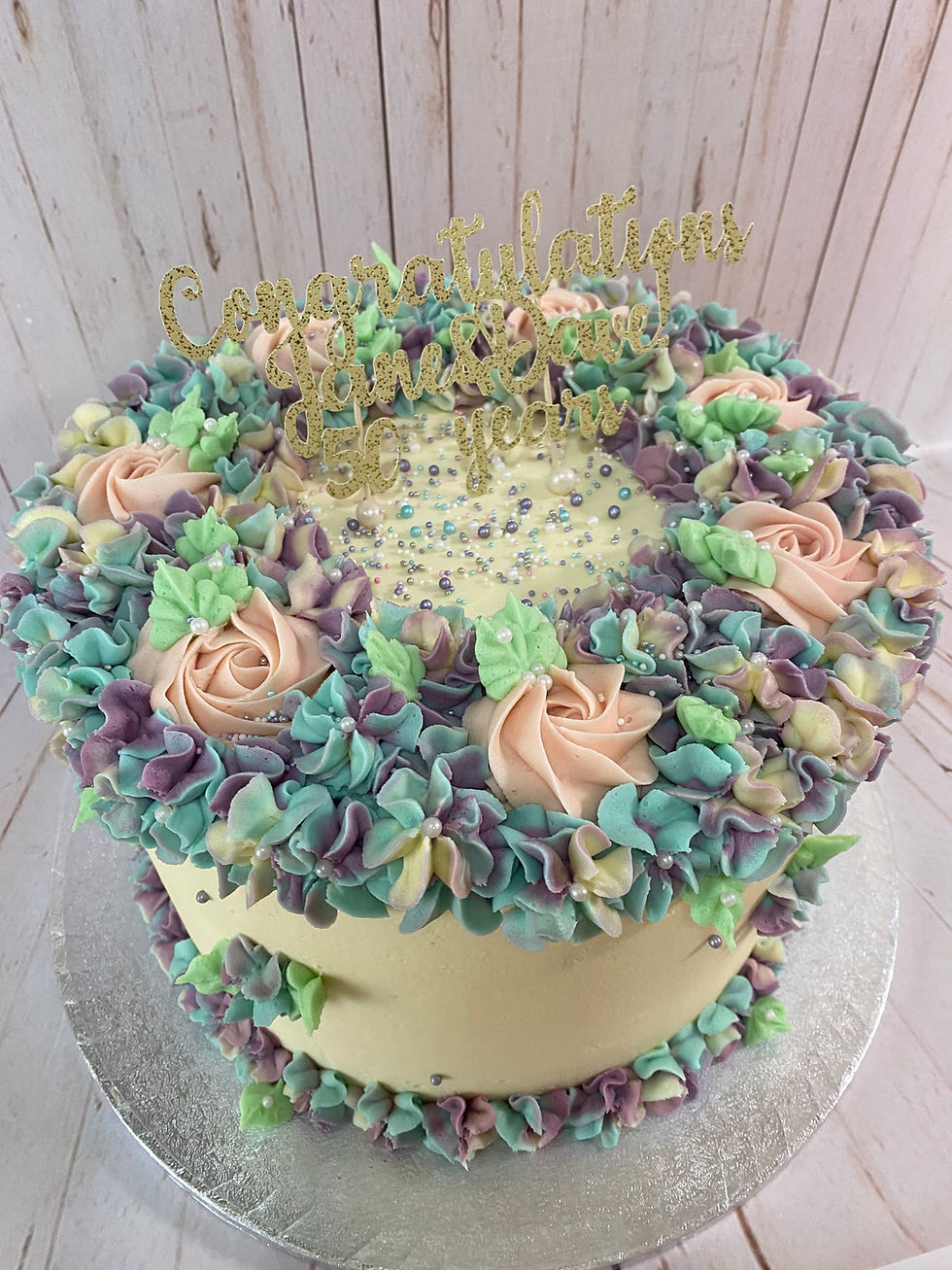 Butter, Sugar, Flower Roses and Wildflower Wreath Cake