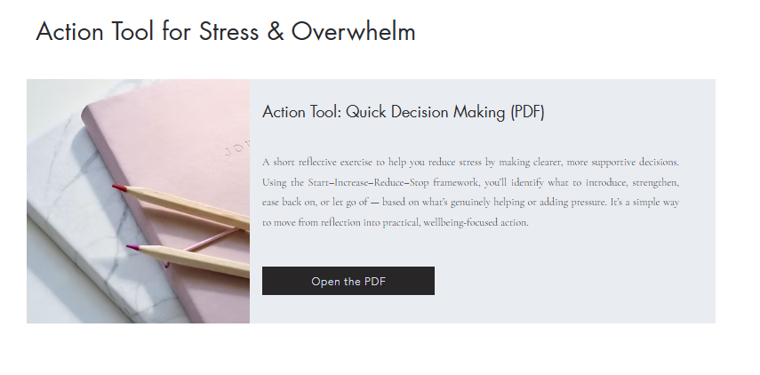 Screenshot of the Quick Decision Making action tool inside the Women's Wellbeing Lab, used for one instant, low-effort decision during overwhelm.