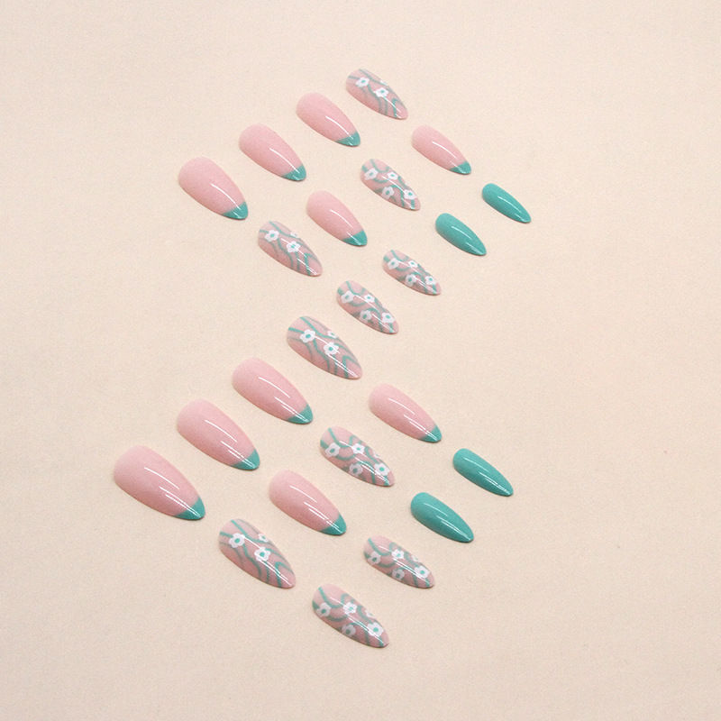 Thumbnail: Almond nail summer cool tender green flower girl Press on nails