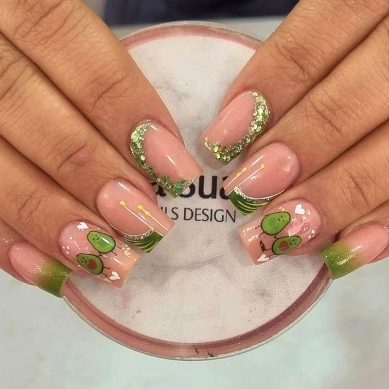 Medium to long cute pink avocado nail art Press on nails