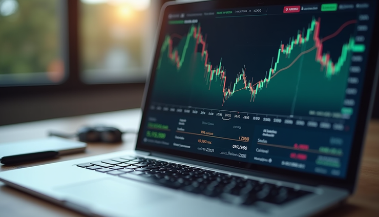 Eye-level view of a laptop screen showing cryptocurrency price charts and tax documents