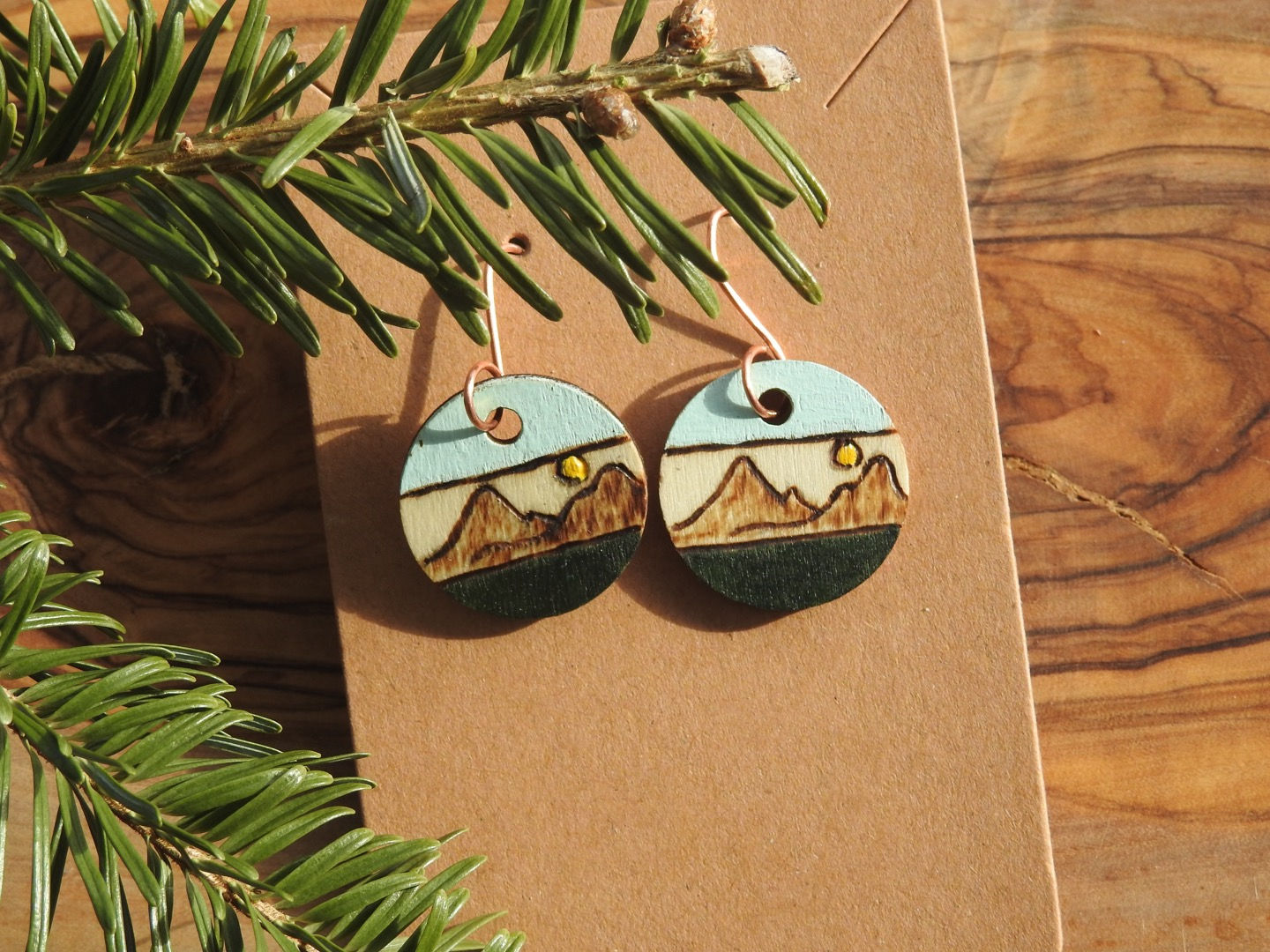 Round Forest Green and Light Blue Mountain Earrings