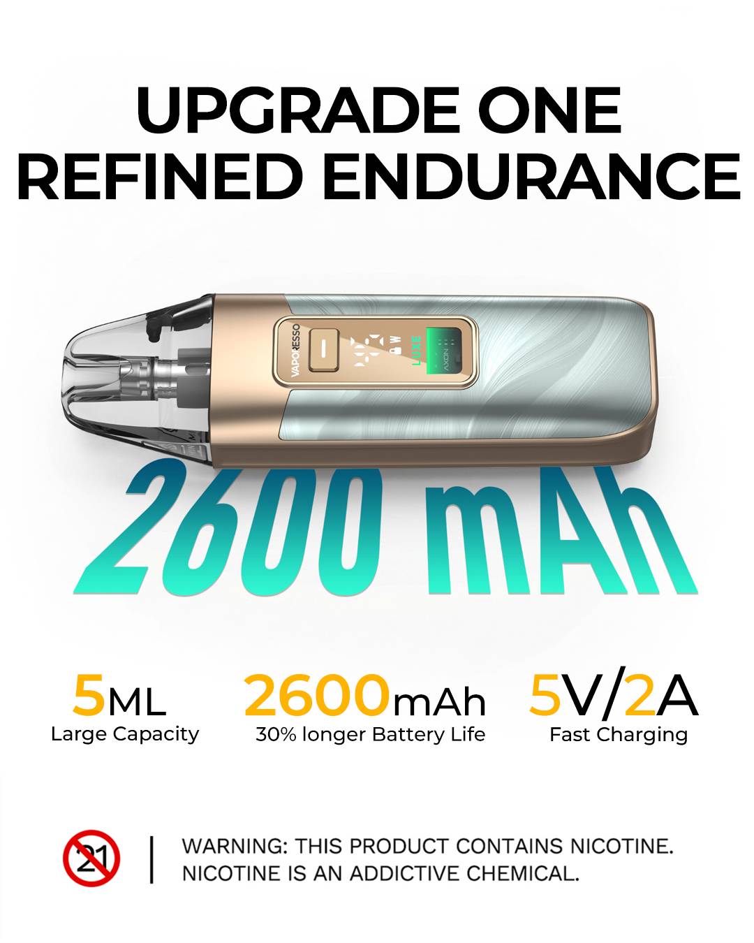 Vaporesso Luxe X3 2600mAh battery with 5ml capacity and fast charging