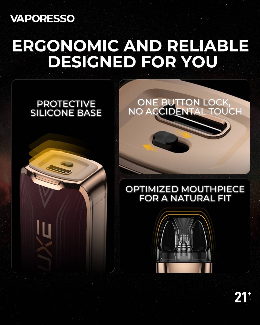 Vaporesso Luxe XR Max 2 ergonomic design features including protective silicone base and one-button lock