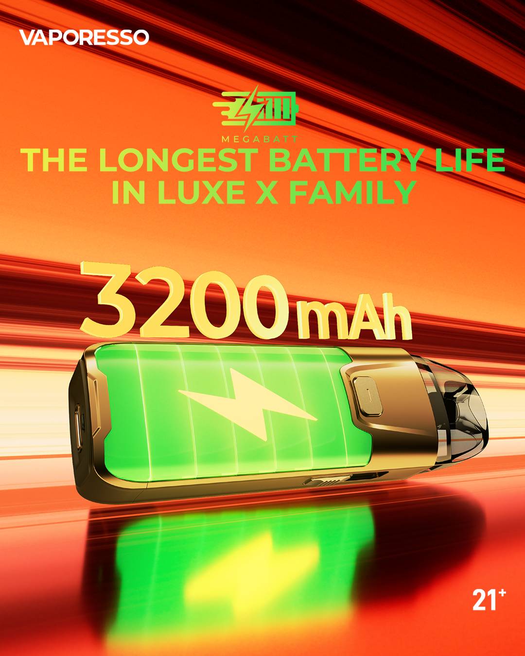 Vaporesso Luxe XR Max 2 3200mAh MegaBatt battery, the longest battery life in the Luxe X family