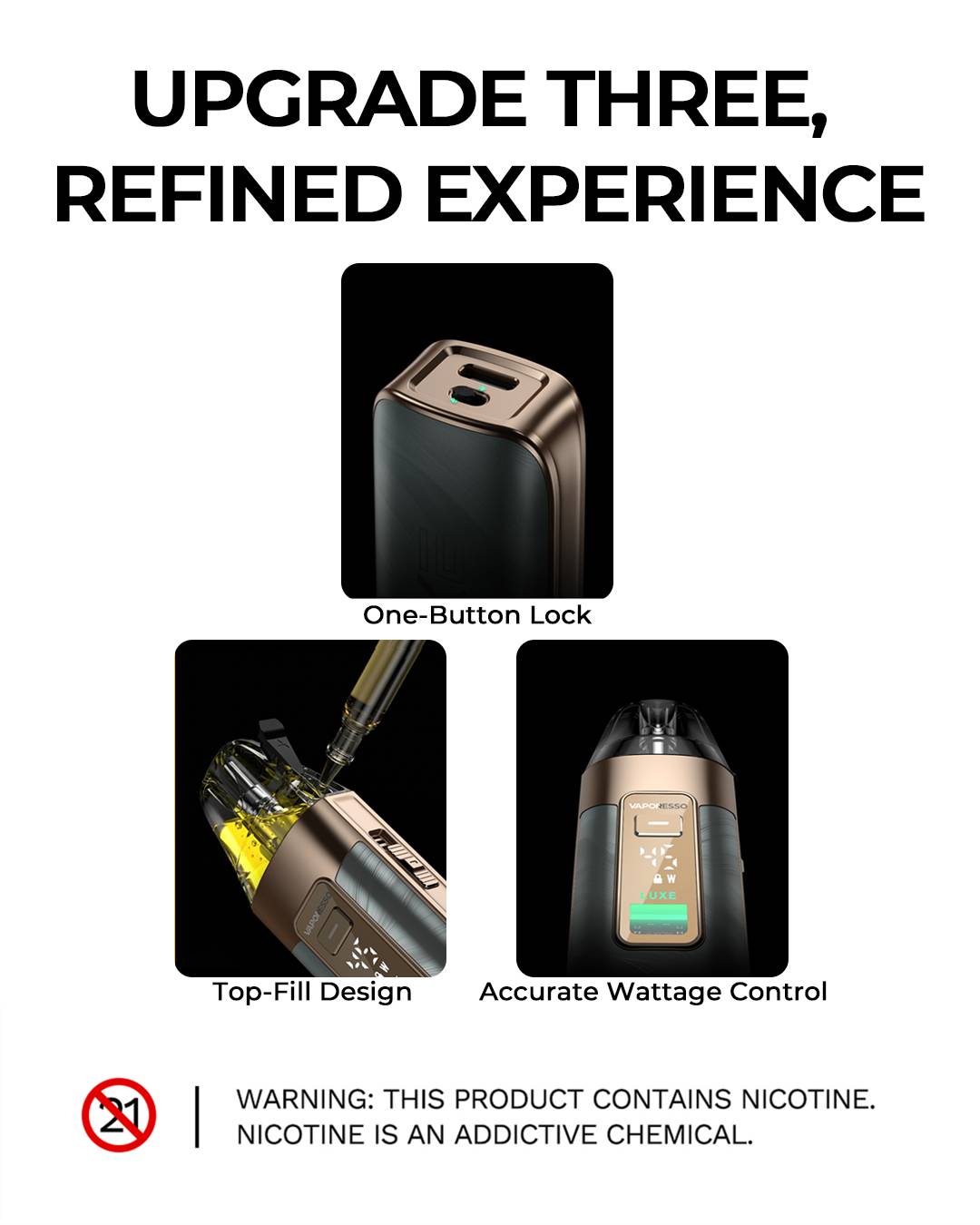 Vaporesso Luxe X3 one-button lock, top-fill design and wattage control