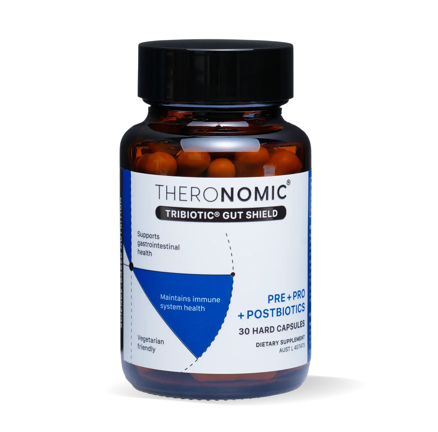 Theronomic supplement in a bottle front view, pre, pro and postbiotics 30 hard capsules