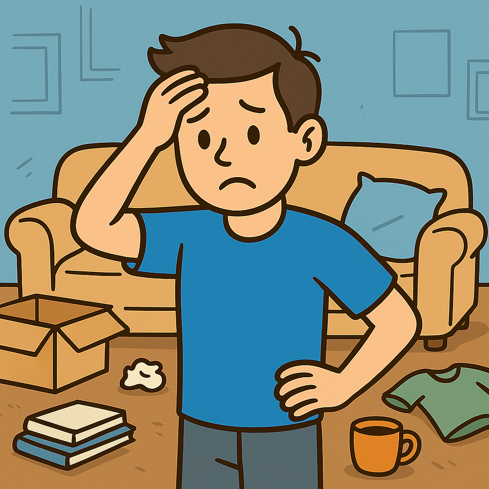 A cartoon-style illustration of a worried man standing in a cluttered living room, holding his head in frustration. The floor is scattered with clothes, books, a coffee mug, and an open box, symbolising mental overwhelm.