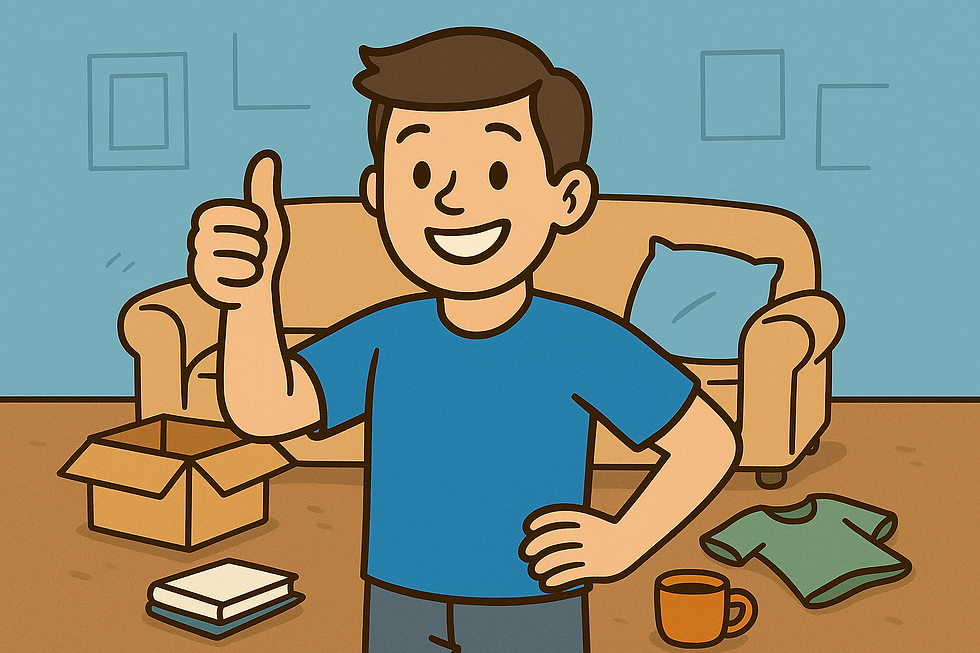 A cartoon-style image of a cheerful man standing in the same messy living room, giving a thumbs-up with a big smile. The background includes a beige sofa, scattered books, and a mug, representing a positive mindset despite untidiness.