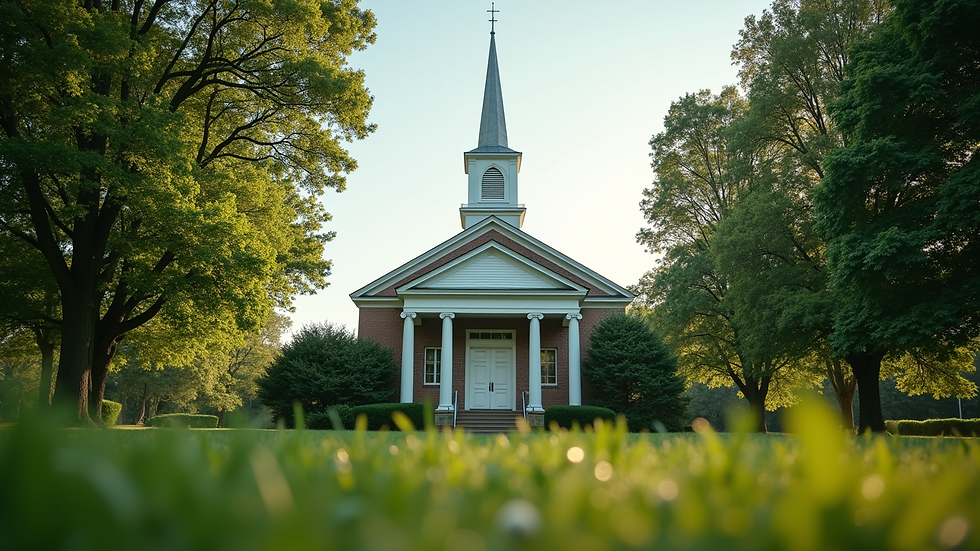 Eye-level view of the Green Grove Baptist Church building surrounded by lush greenery