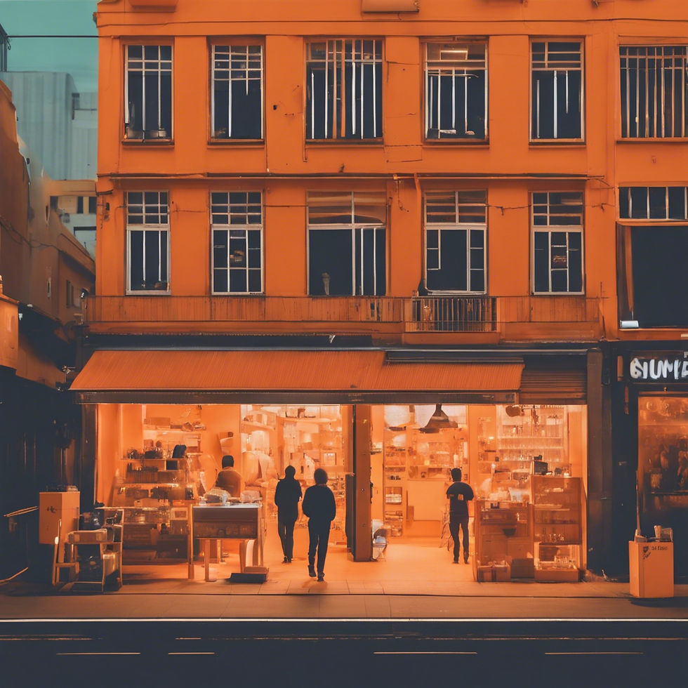 Show a shop on a busy street with an orange background.jpg