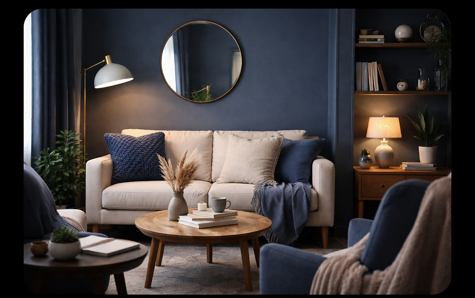 Modern living room with blue walls, cream sofa, and warm lighting