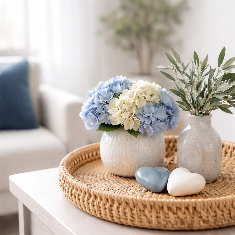 Decorated tray with blue hydrangeas and hearts