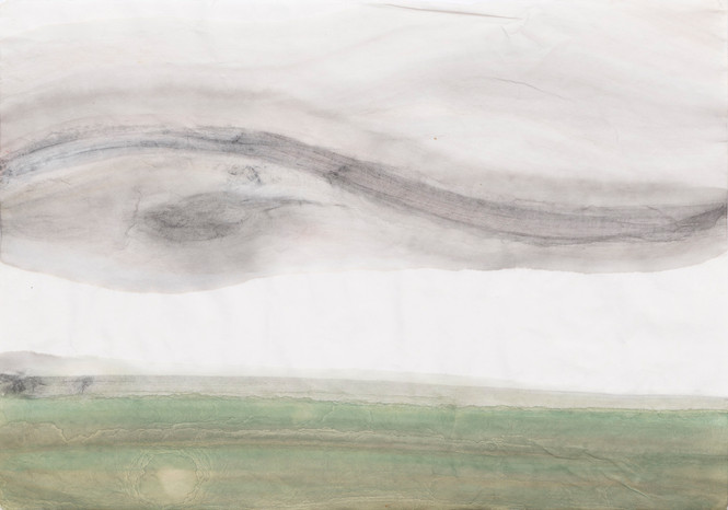 Untitled - green field and gray sky with yin yang shape