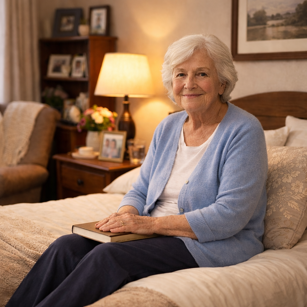 “Elderly parent moving downstairs for safety in Belfast, sitting on a bed in a comfortable ground-floor bedroom.”
