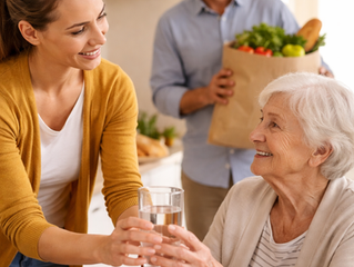An older woman in a Belfast home receives a glass of water from a companion, while her adult child arrives with groceries, showing everyday support that helps maintain health and wellbeing at home.