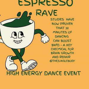 dancing and smiling at Espresso Rave, a sober daytime dance event in Dublin, with coffee, colourful lighting and high-energy atmosphere.
