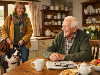 “Elderly man smiling at his kitchen table as his home-share companion arrives with her dog in a cosy country home.”