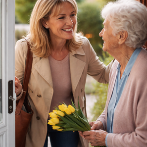 “Adult daughter visiting her elderly mother at the front door, offering reassurance and support at home.”