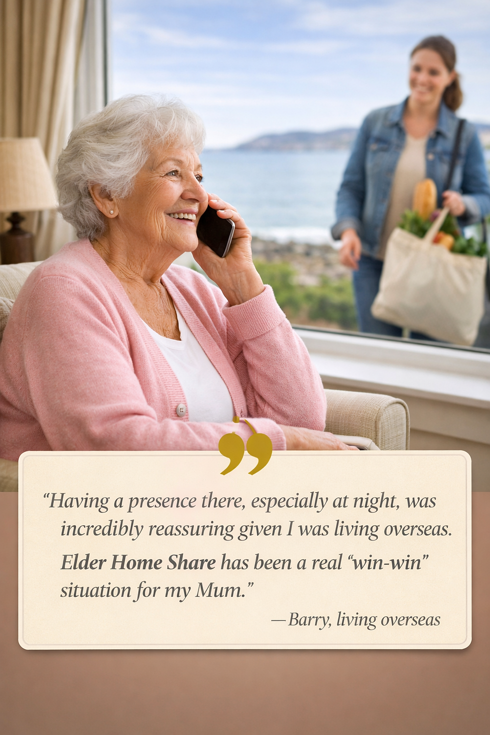 “Elderly parent living alone in Belfast speaking on the phone at home while a home-share companion arrives with groceries.”