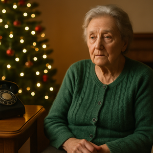 “Lonely elderly woman sitting beside the phone, appearing worried and isolated, with a Christmas tree behind her.” “Many older adults spend evenings on their own, hoping to hear from loved ones far away.”