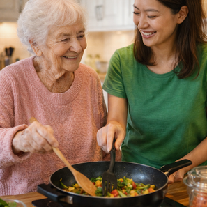 An elderly woman in her 90s wearing a pink sweater cooks with a younger Asian home share companion in a kitchen, showing companionship and everyday support at home.