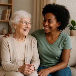 “Older woman feeling safe and supported with her friendly African home-share companion during early memory or cognitive changes.”