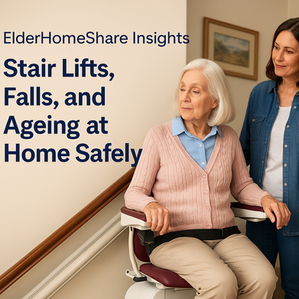 senior using the stair lift with support of home share companion