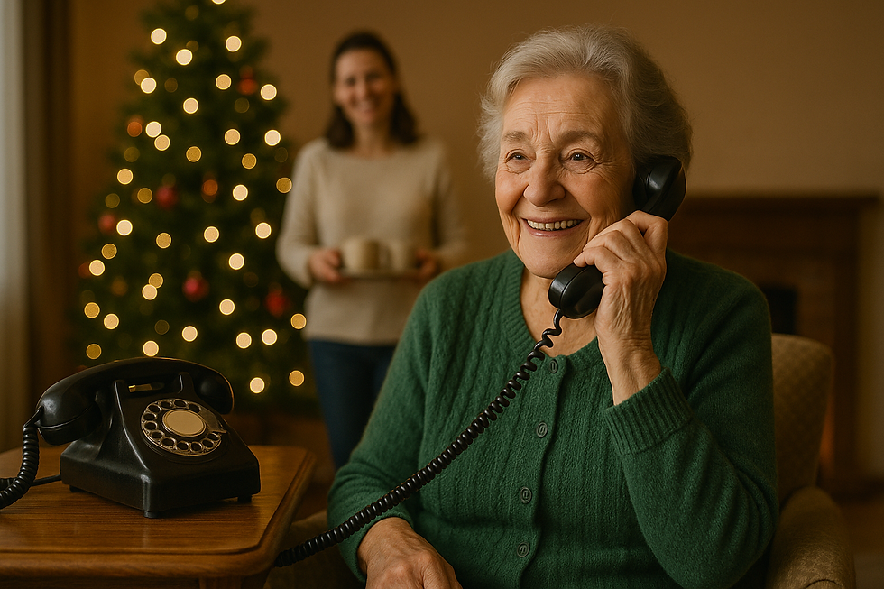 “Elderly woman smiling while talking on the phone, with a home-share companion bringing tea in the background.”