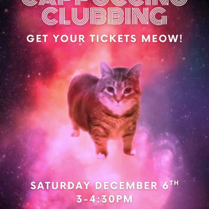 “Funny dancing cat meme with coffee cups, representing the energised mood of Cappuccino Clubbing.”