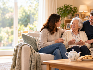 Elderly woman at home with a live-in companion, enjoying tea and conversation with family.