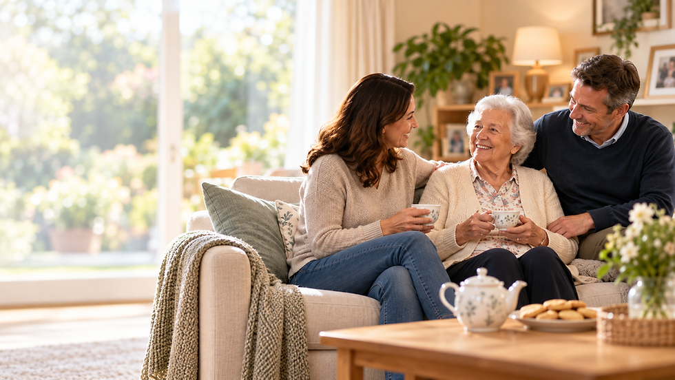 Elderly woman at home with a live-in companion, enjoying tea and conversation with family.