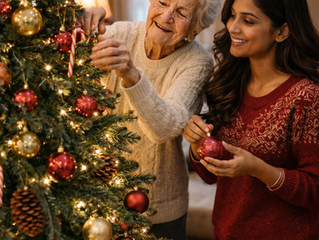 “Older woman and home sharer decorating a Christmas tree together, showing companionship and shared living at home.”