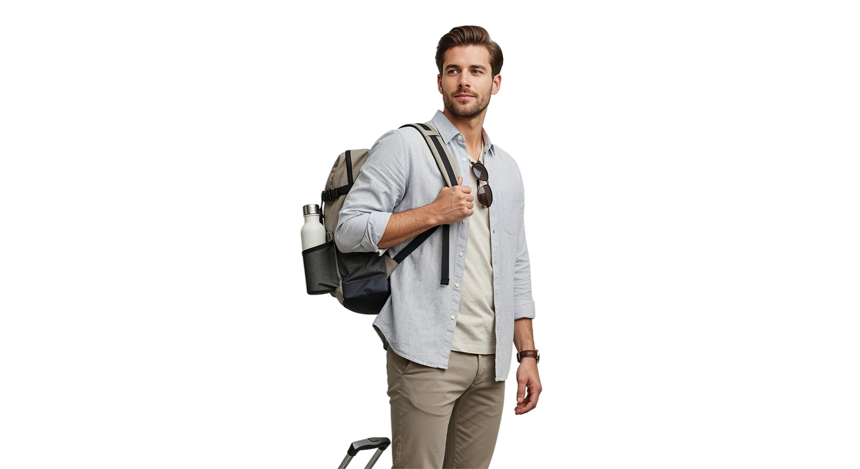 Homem com mochila olhando para o lado, fundo preto, Flexy Hotéis