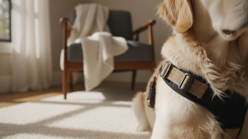 Close-up view of a pet seat belt buckle attached to a dog harness