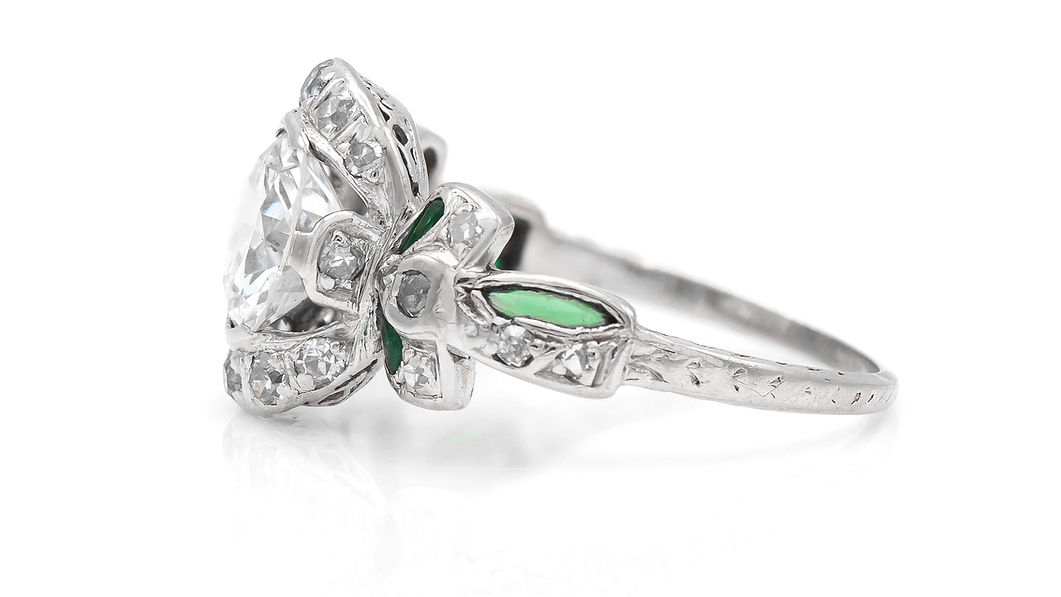 1.30 Carat Old Mine Cut Diamond Ring with Emeralds