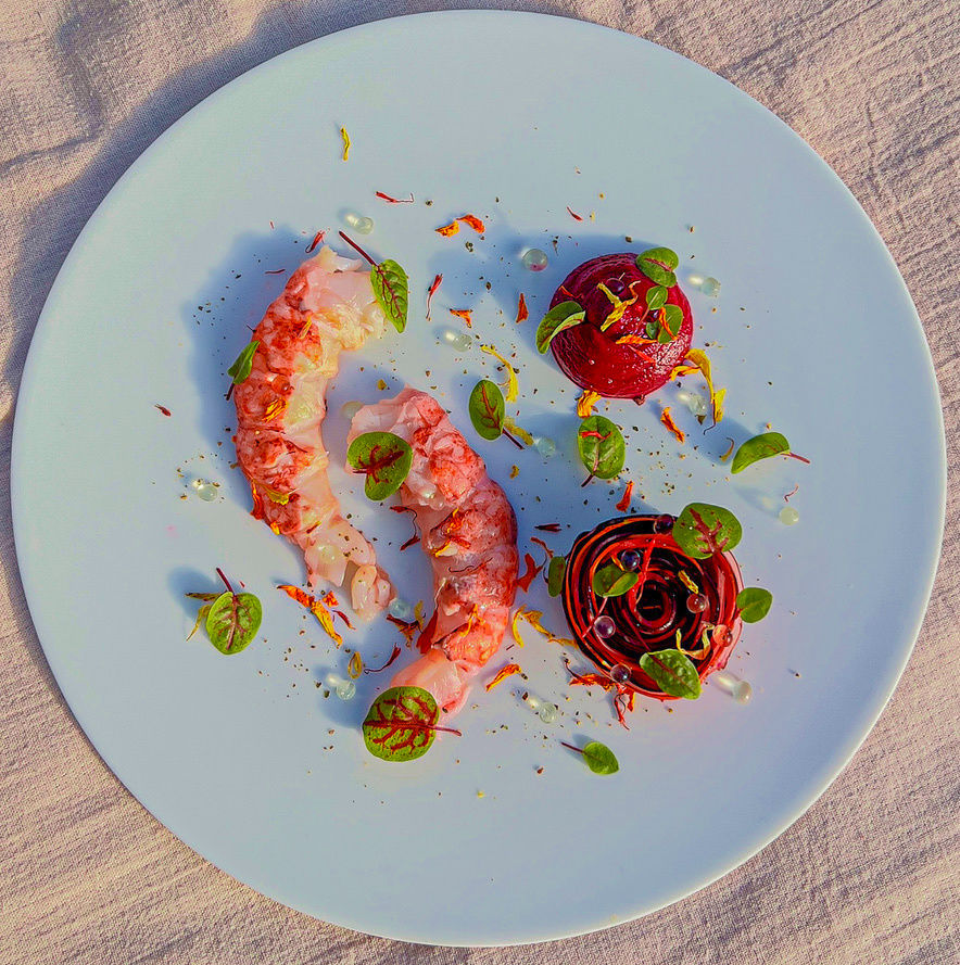 Homard, rose betterave et condiment betterave. 