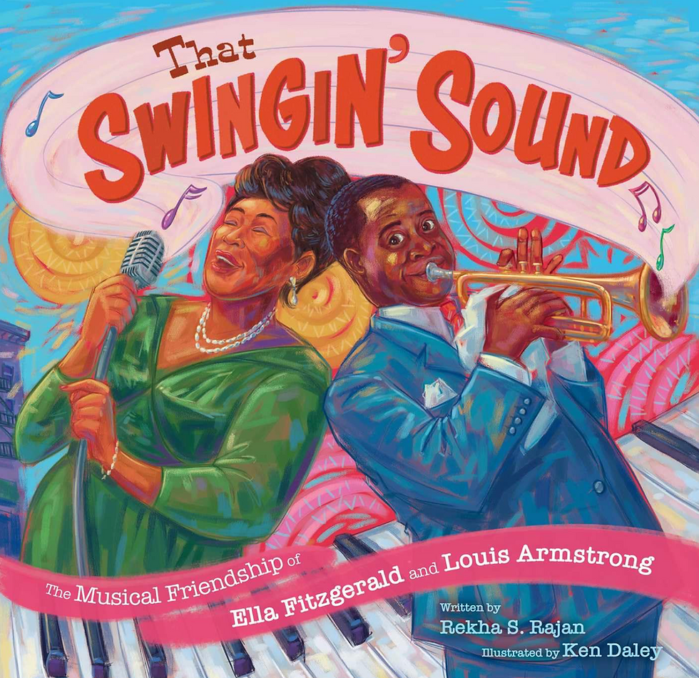 Two musicians joyfully perform, one singing with a mic, the other playing trumpet. Colorful patterns and musical notes in the background. Text: "That Swingin' Sound".