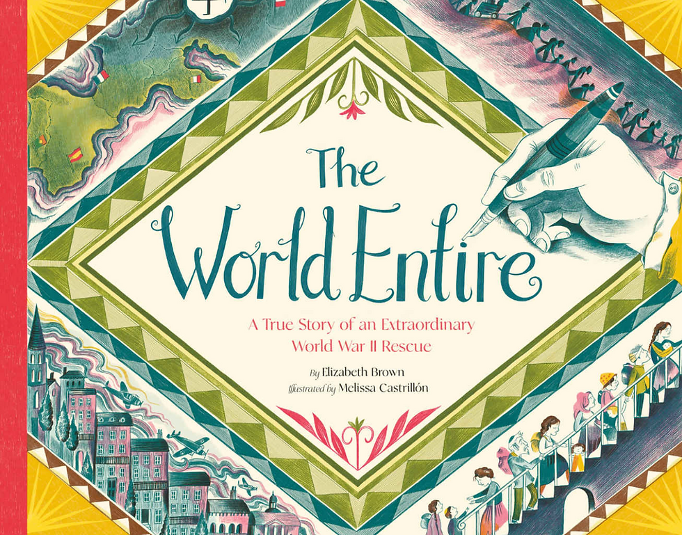 Book cover titled "The World Entire" with vibrant patterns, showing a hand writing. People on stairs suggest movement and a historical theme.