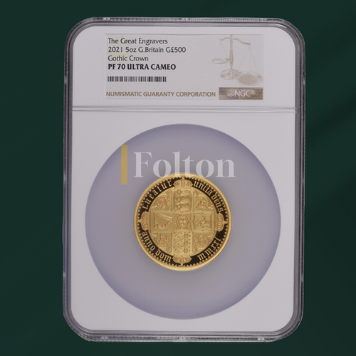 2021 5oz Gothic Crown Quartered Arms PF70 ULTRA CAMEO | Folton