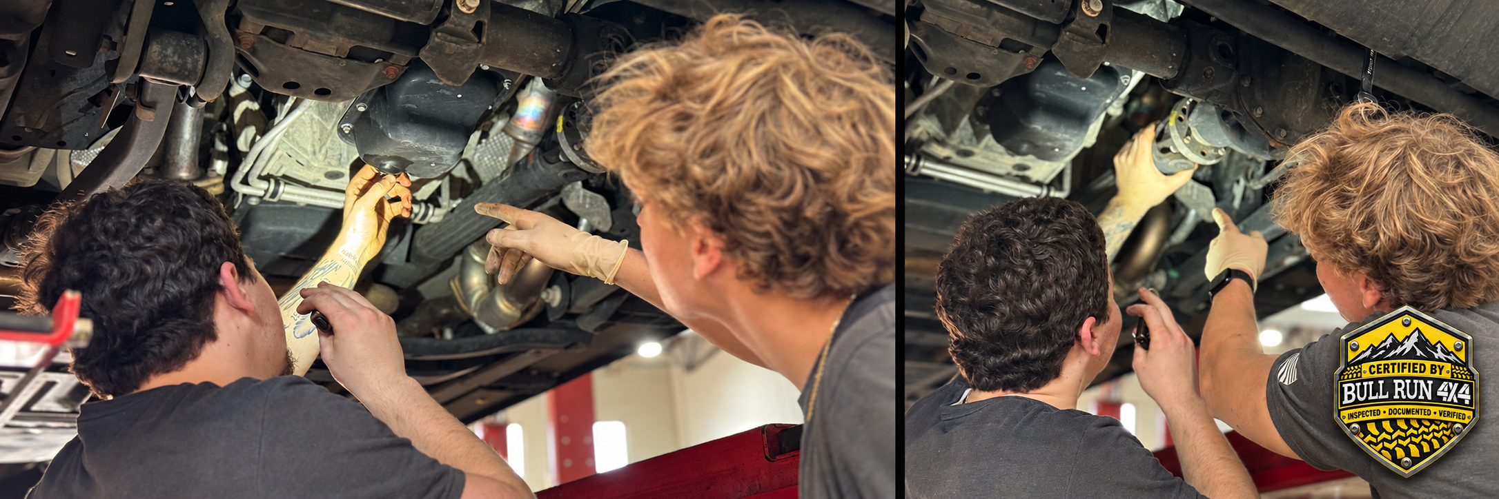 Bull Run 4x4 technicians inspecting a 4WD vehicle’s drivetrain in two real shop photos, with the Certified by Bull Run 4x4 badge in the corner